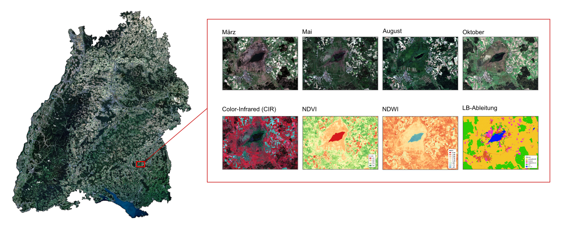 Sentinel-2 Aufnahmen von Baden-Württemberg mit einem Detailausschnitt des Landkreises Biberach