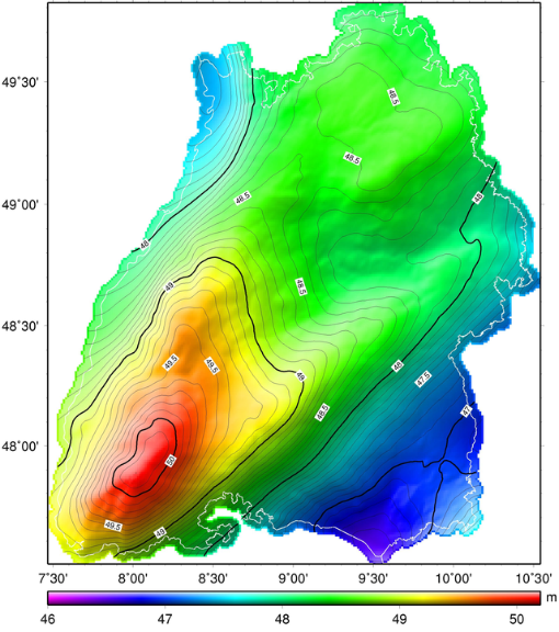 Höhendifferenzen in Baden-Württemberg zwischen Ellipsoid und GCG2016 in Metern